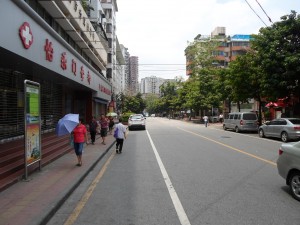 Looking down the street.