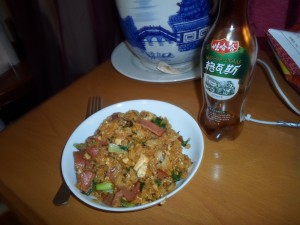 Fried rice with tofu, ham, and Shanghai greens.